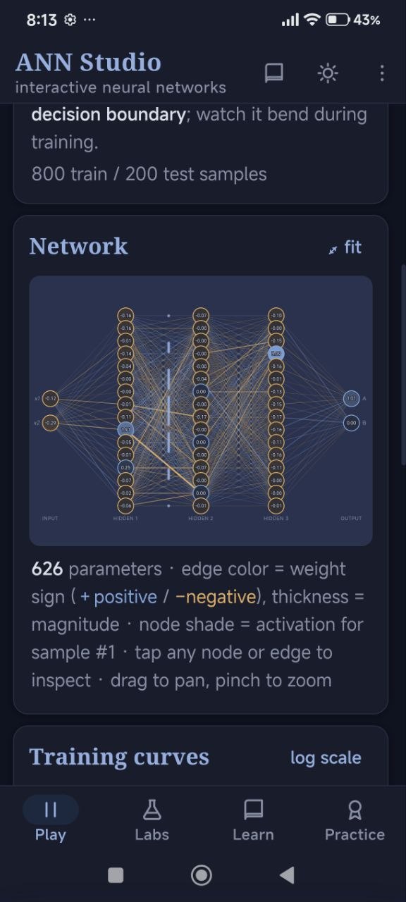 The live network view in ANN Studio, with weights drawn as coloured edges between neurons.