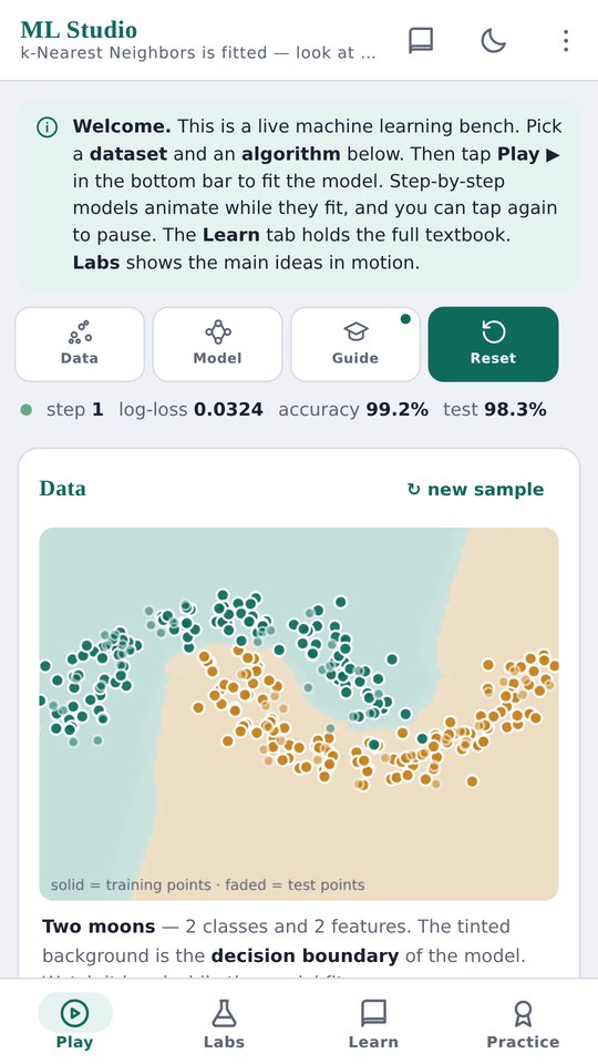 ML Studio — Play tab, fitting a k-nearest neighbors model