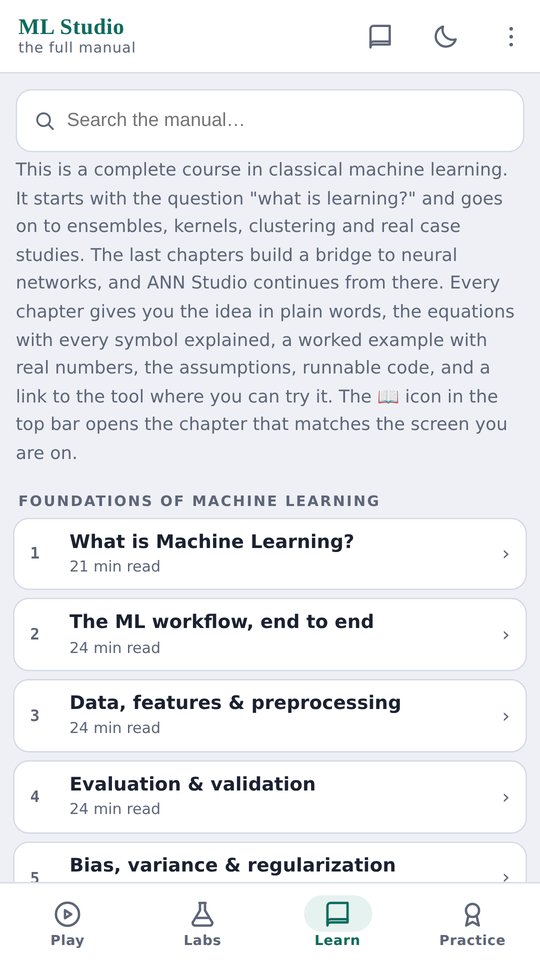 ML Studio — Learn tab, chapter index