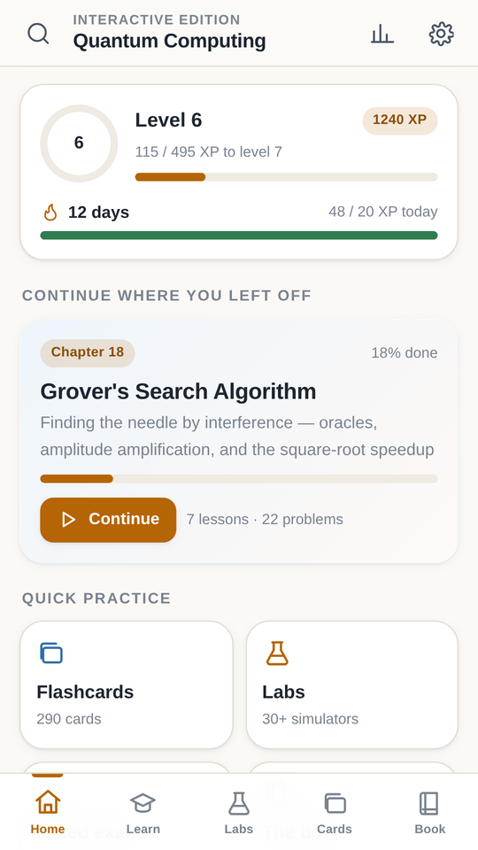 The app's home screen, showing level, streak and the chapter to continue