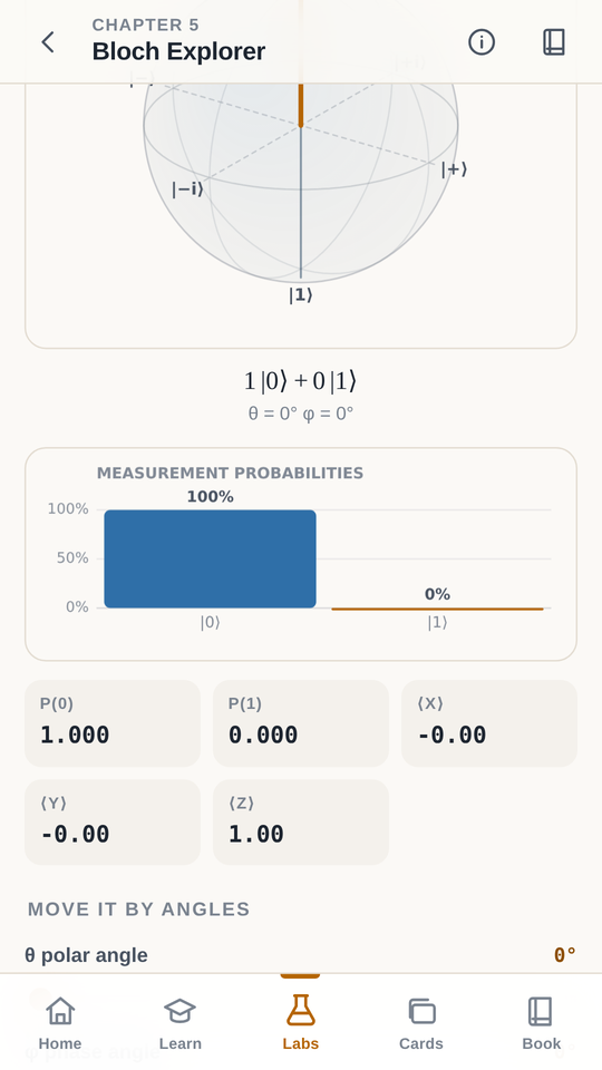 The Bloch Explorer lab with a draggable sphere and live probabilities