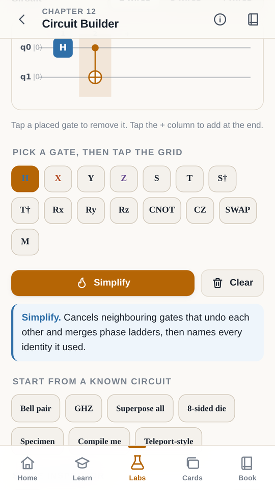 The circuit builder with a gate palette and a two-qubit circuit