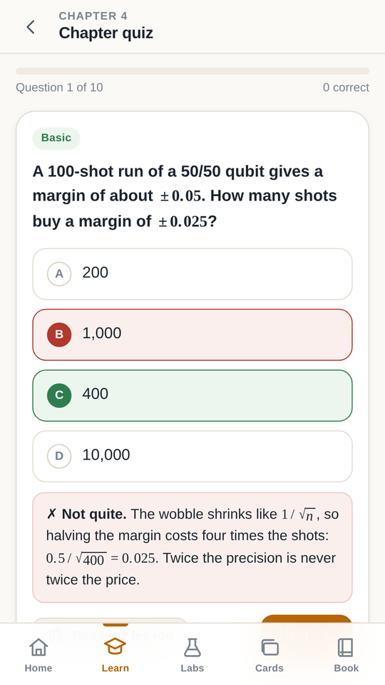 A quiz question with an explanation of the right answer